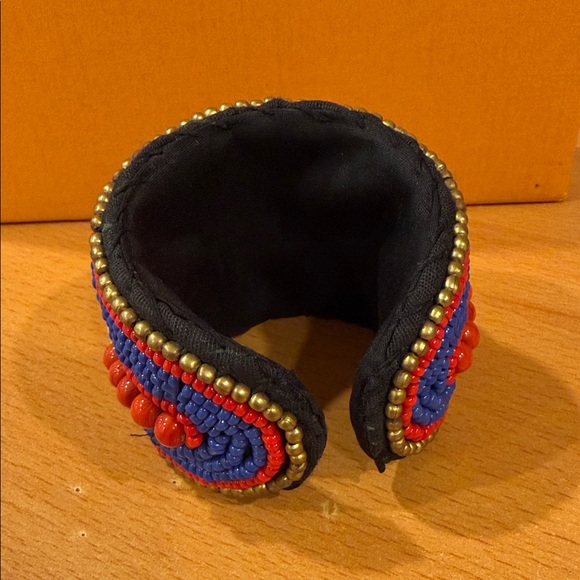 Handcrafted Blue and Red Beaded Shell Cuff Bracelet - Picture 3 of 5